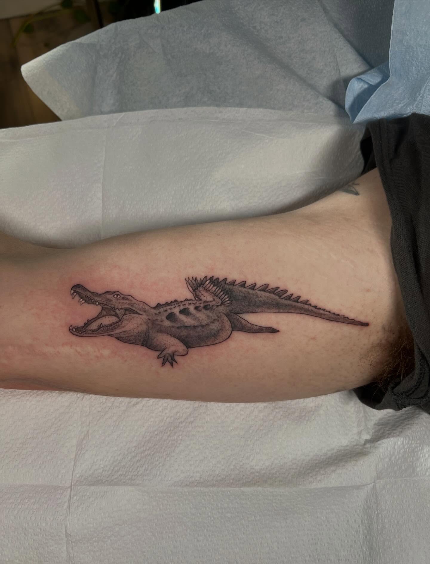 Alligator realism tattoo on the forearm by sarah bug