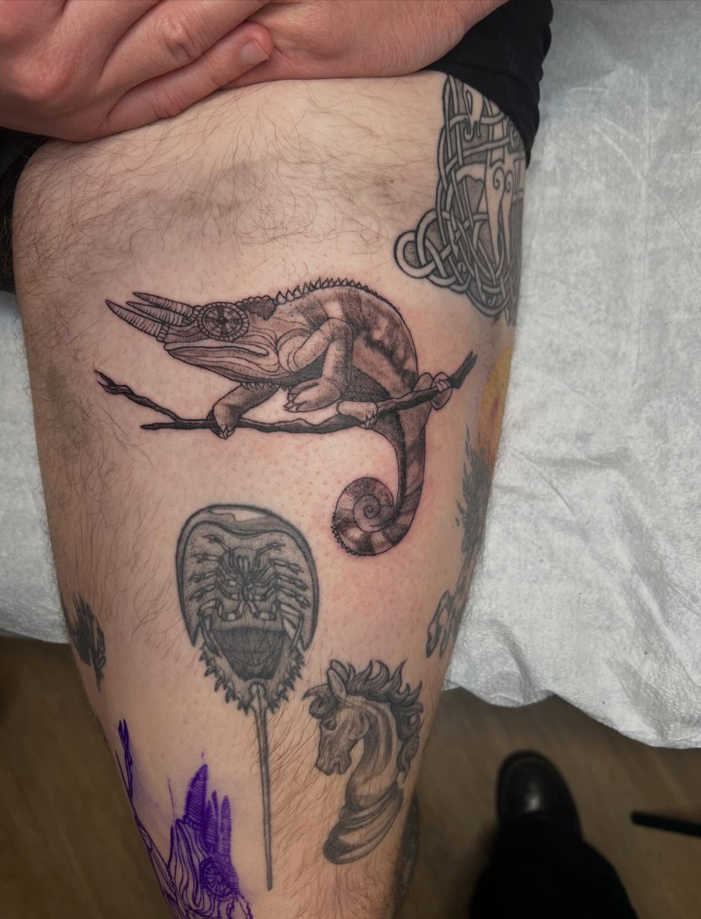 Chameleon and trilobite realism tattoo on the thigh by sarah bug