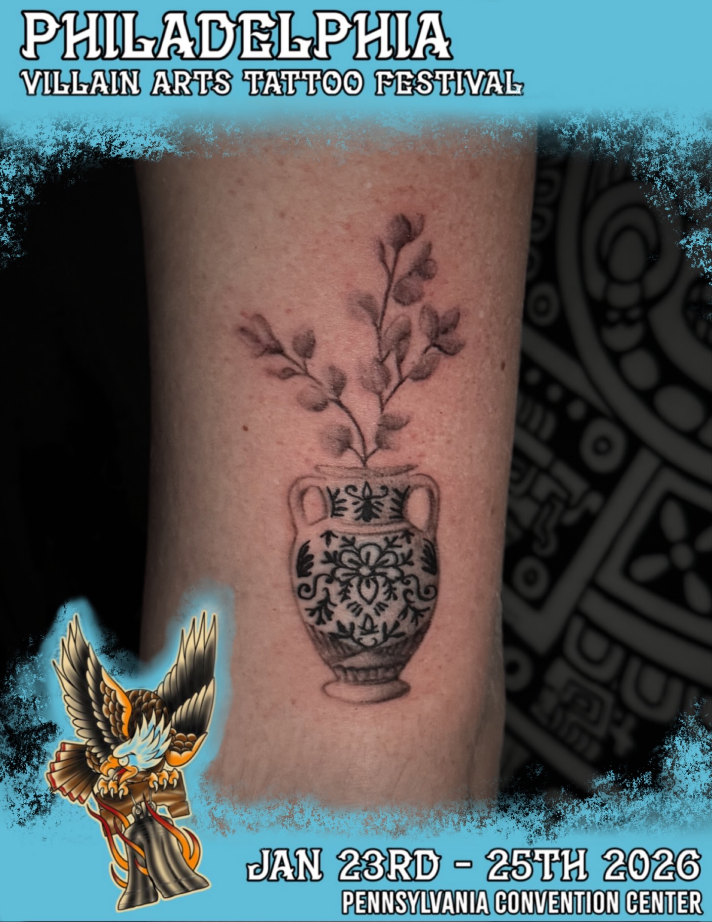 Urn with plant black and grey tattoo on the forearm by Juan Pablo