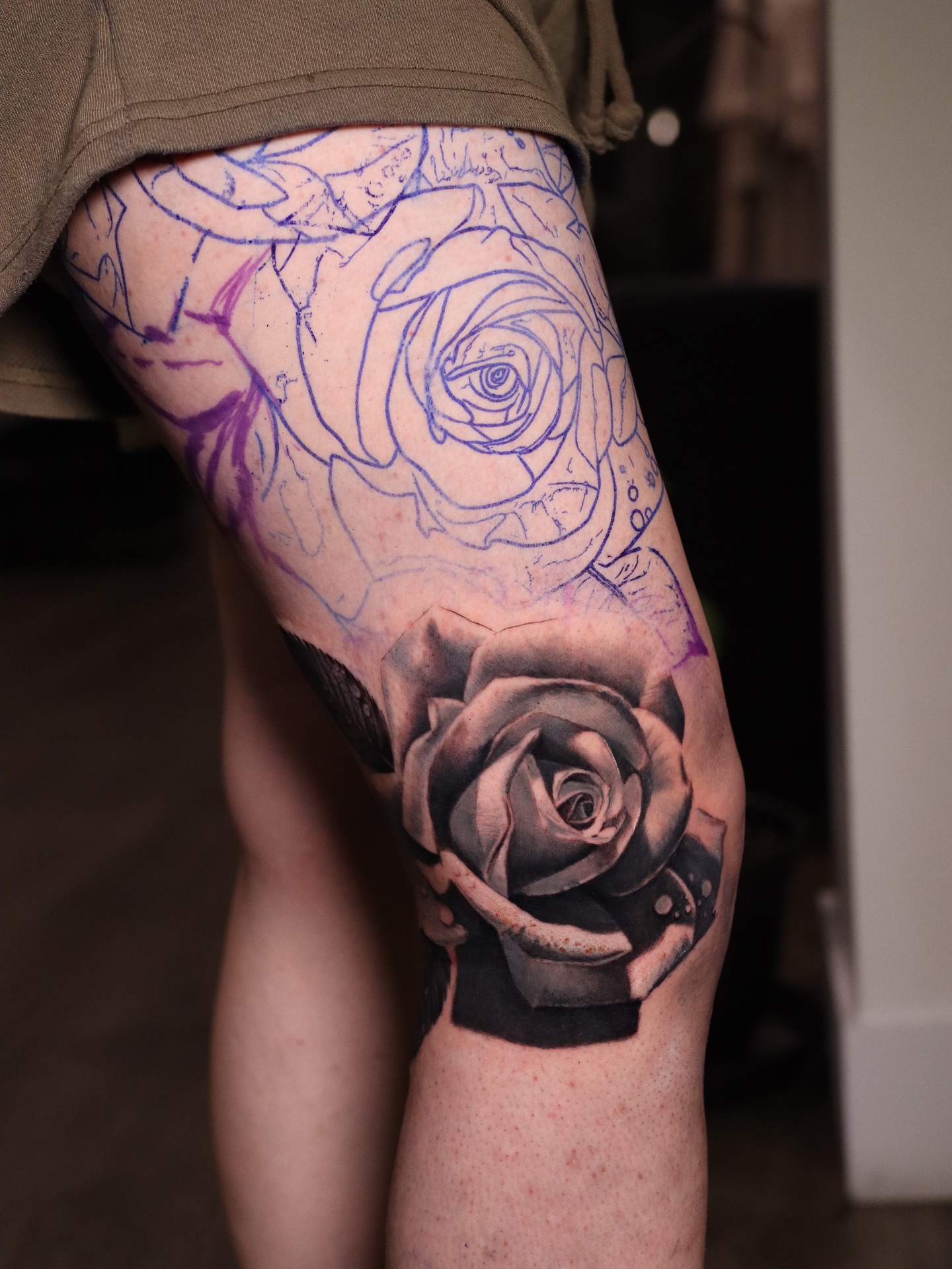 Rose realism tattoo on the thigh by Naomi Burke, New Westminster, British Columbia