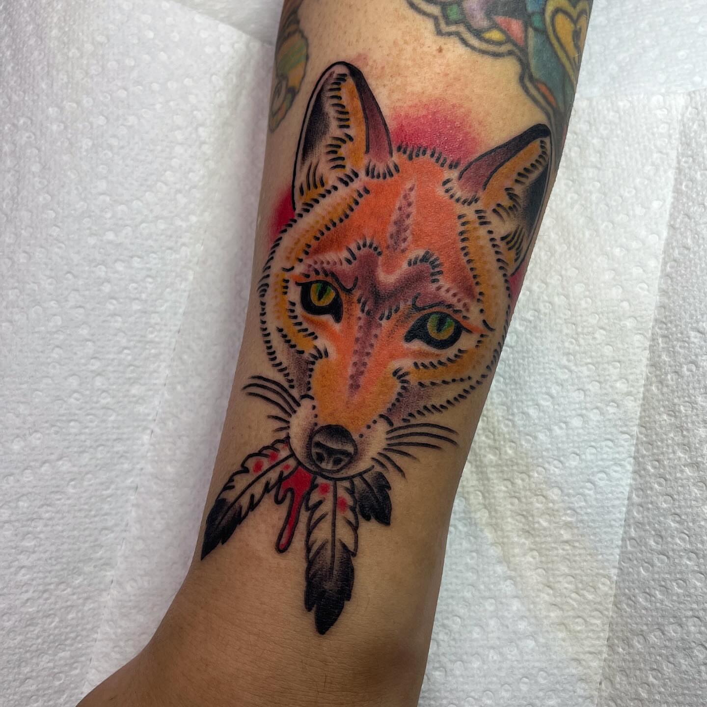 Fox American traditional tattoo on the forearm by Brian Mcfadden