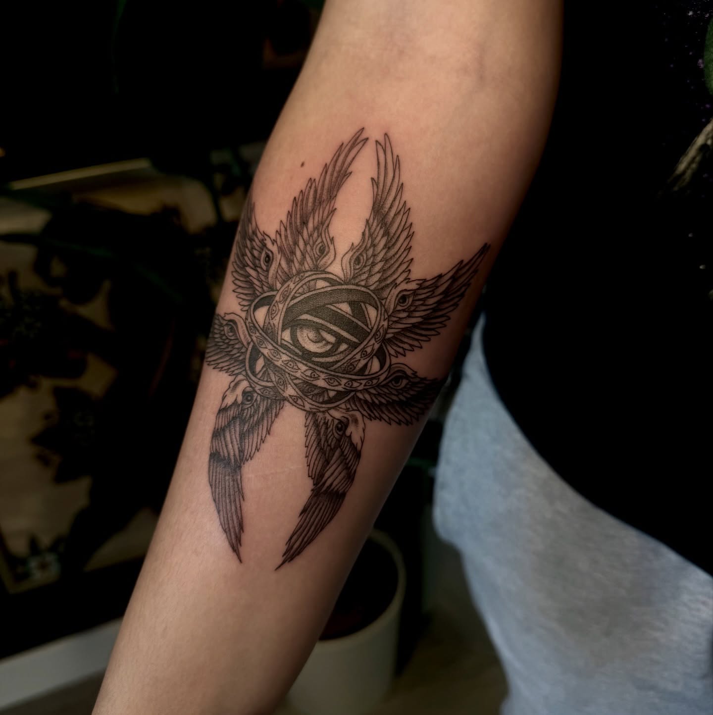 Eye with wings black and grey tattoo on the forearm by Ki ☆ SLC TATTOO ARTIST