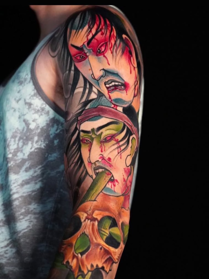 Zombie heads American traditional tattoo on the forearm by Grego Hernandez, Miami, Florida