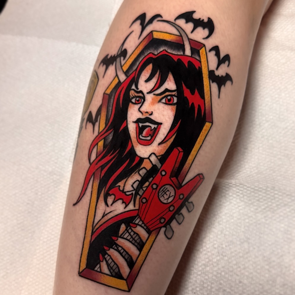 Vampire woman American traditional tattoo on the forearm by K y l e   M a c K e n z i e, Salem, Massachusetts