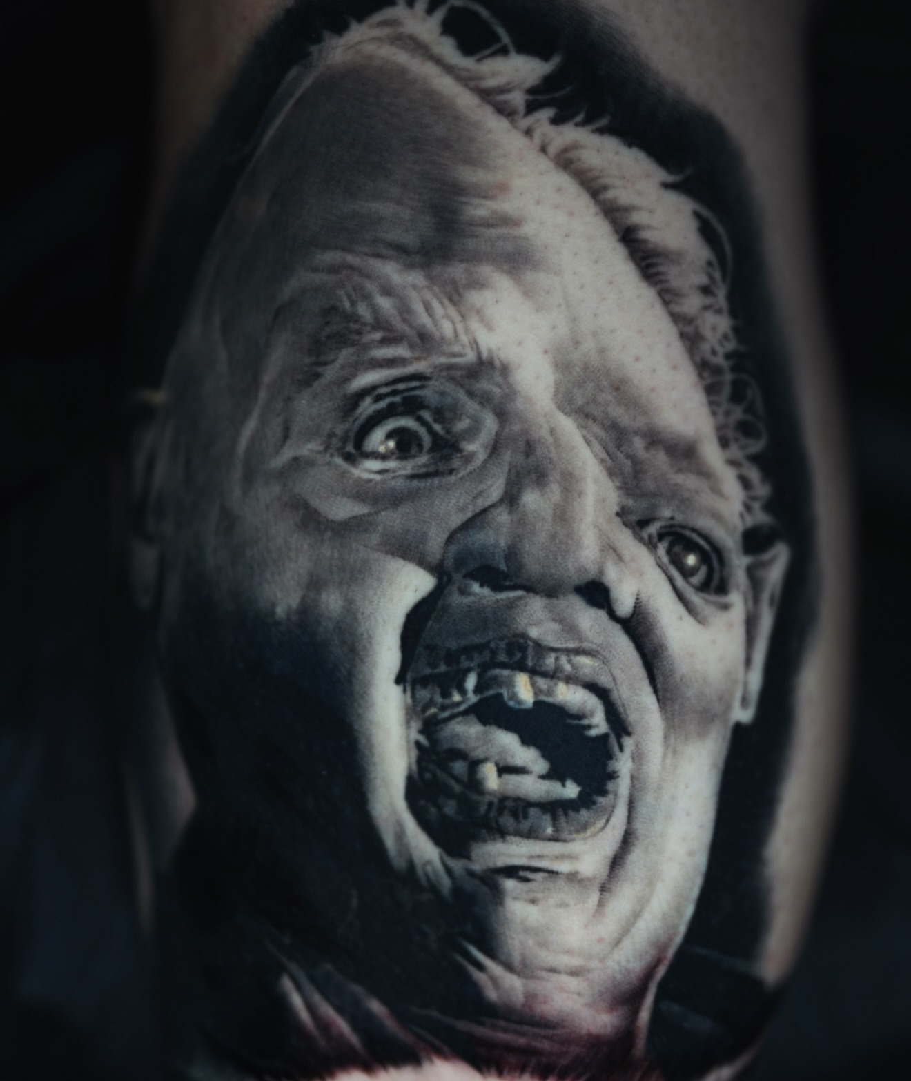 Horror character realism tattoo on the forearm by Dillinger, Ventura, California
