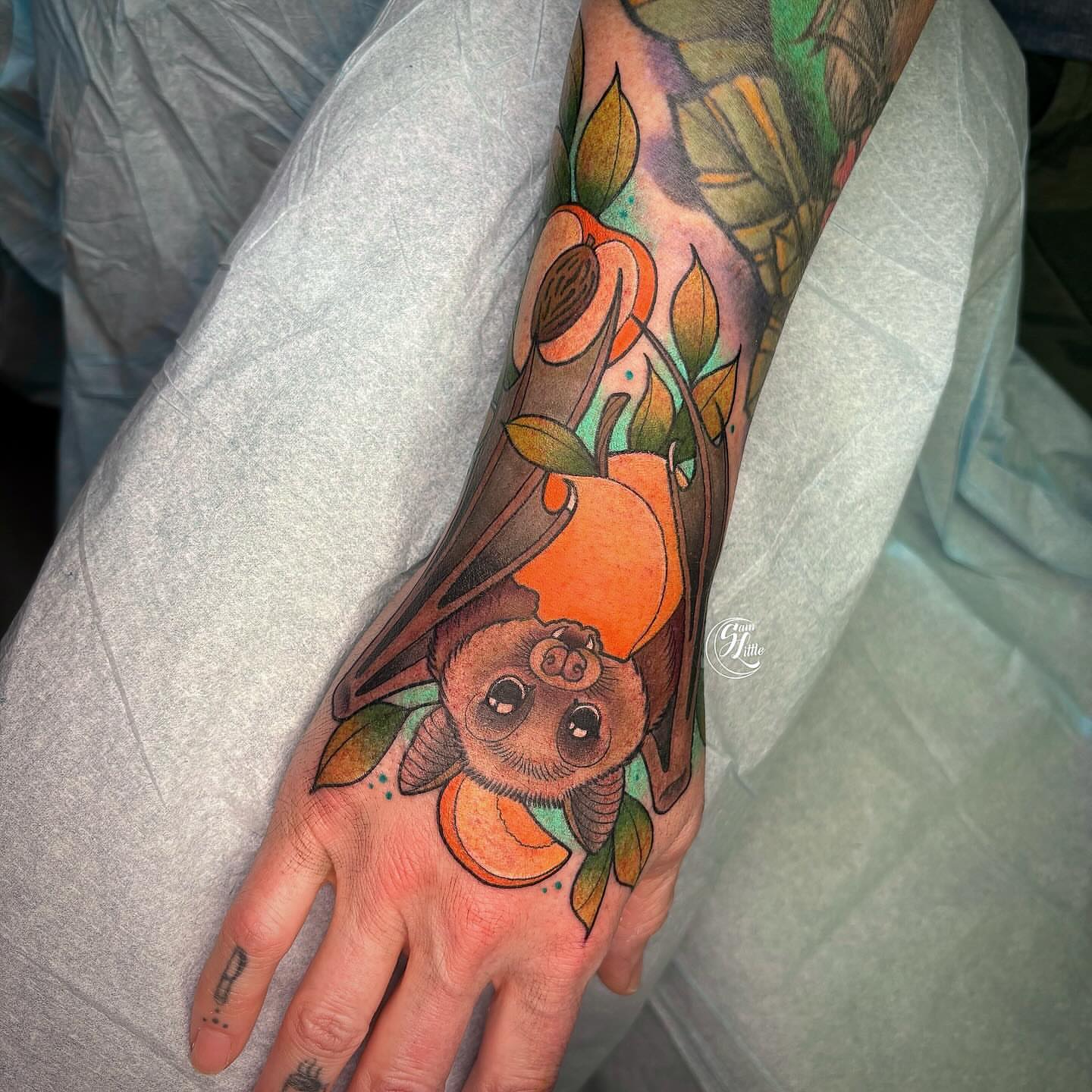 Bat and peach dotwork tattoo on the hand by 𝓢𝓪𝓶 𝓛𝓲𝓽𝓽𝓵𝓮