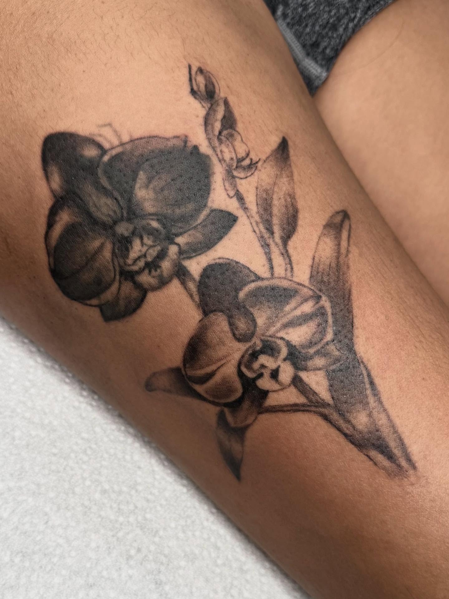 Orchid black and grey tattoo on the upper arm by Nat🫧