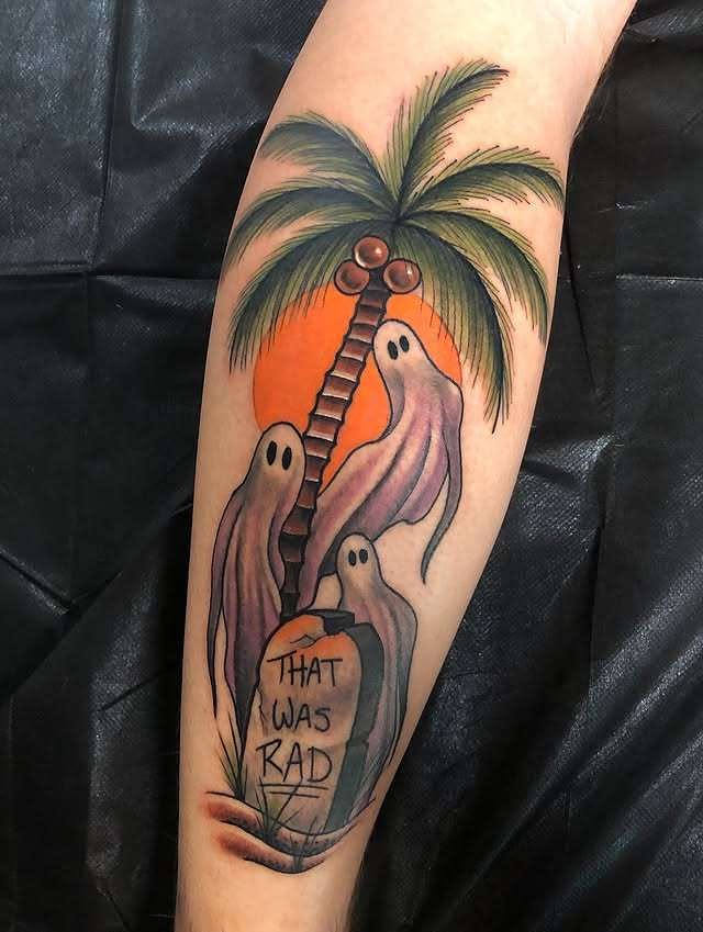 Ghosts and palm tree new school tattoo on the forearm by Trevor Burtz
