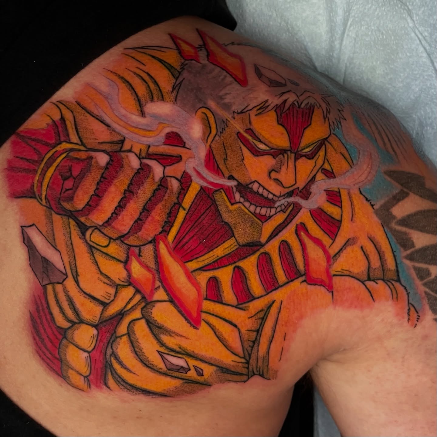 Demon warrior anime tattoo on the shoulder by Kathryn the Tooth Collector