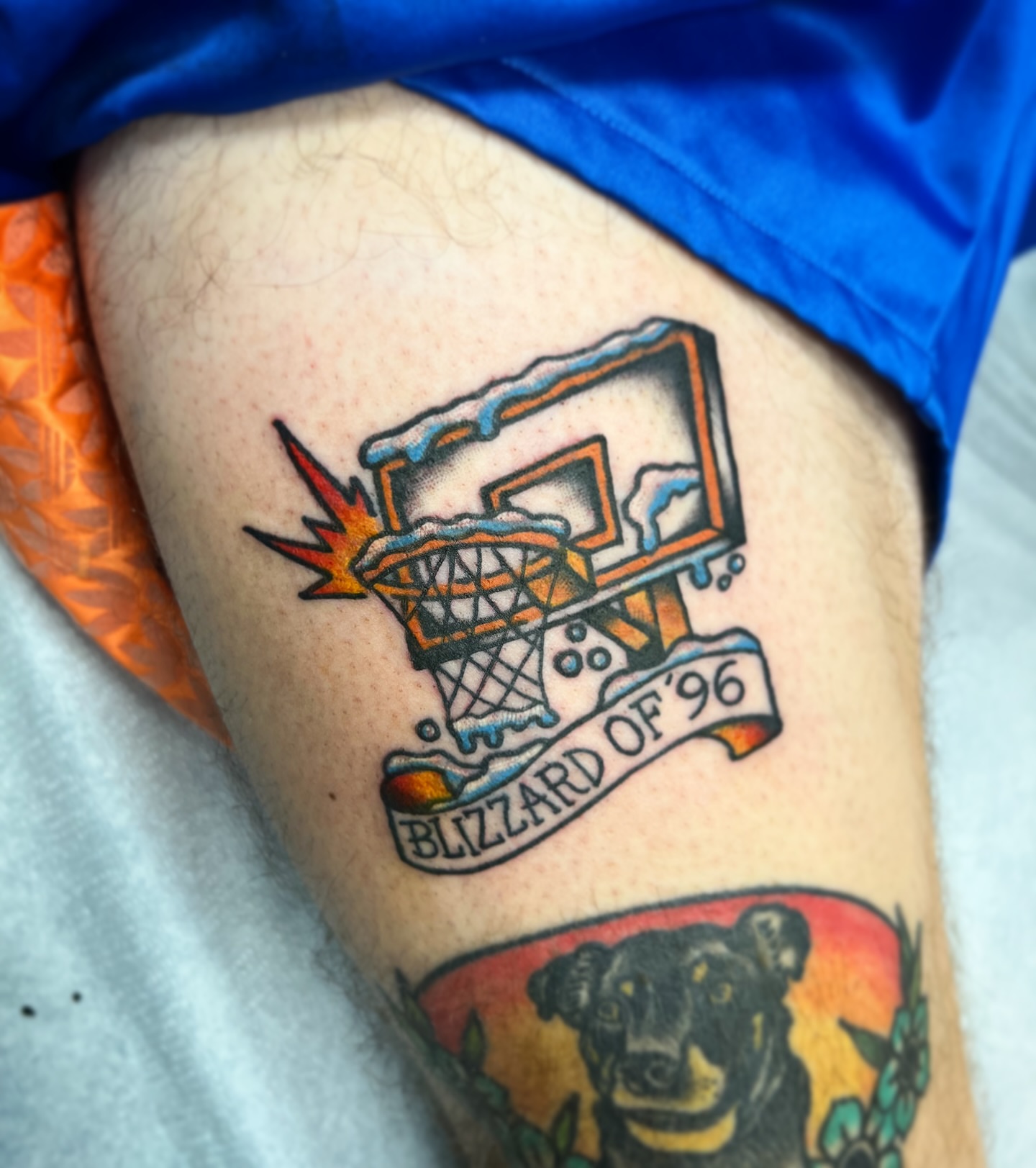 Basketball hoop American traditional tattoo on the thigh by Shannon Pagliarini