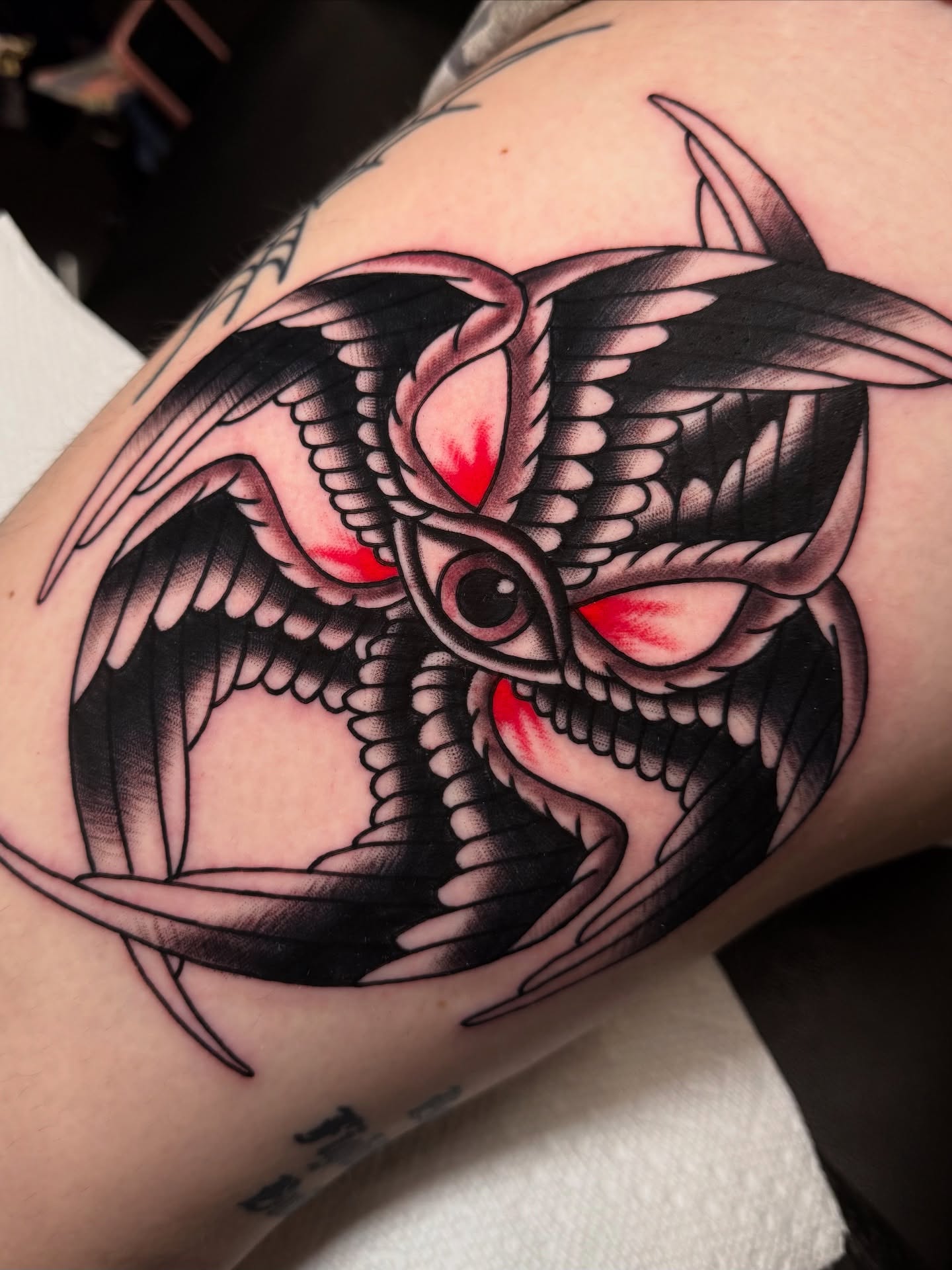 Bat American traditional tattoo on the shoulder by 𝕯𝖗𝖊𝖜 𝕲𝖎𝖑𝖊𝖘 𝕵𝖆𝖙𝖙𝖔𝖔, Addison, Texas
