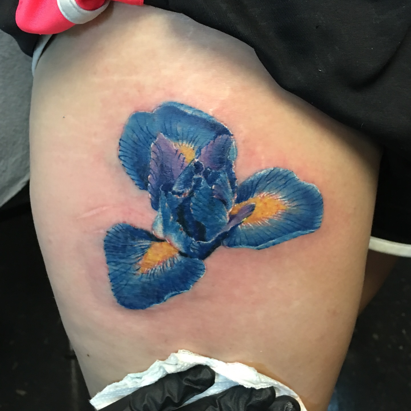 Iris realism tattoo on the thigh by Rebeka Chase [Sobodacha]