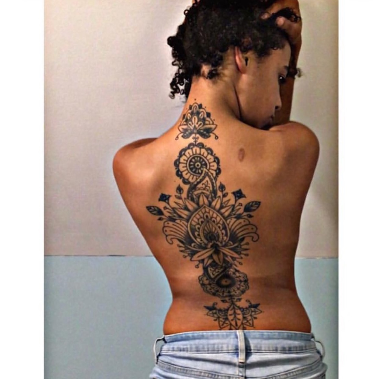 Floral mandala black and grey tattoo on the back by Rebeka Chase [Sobodacha]