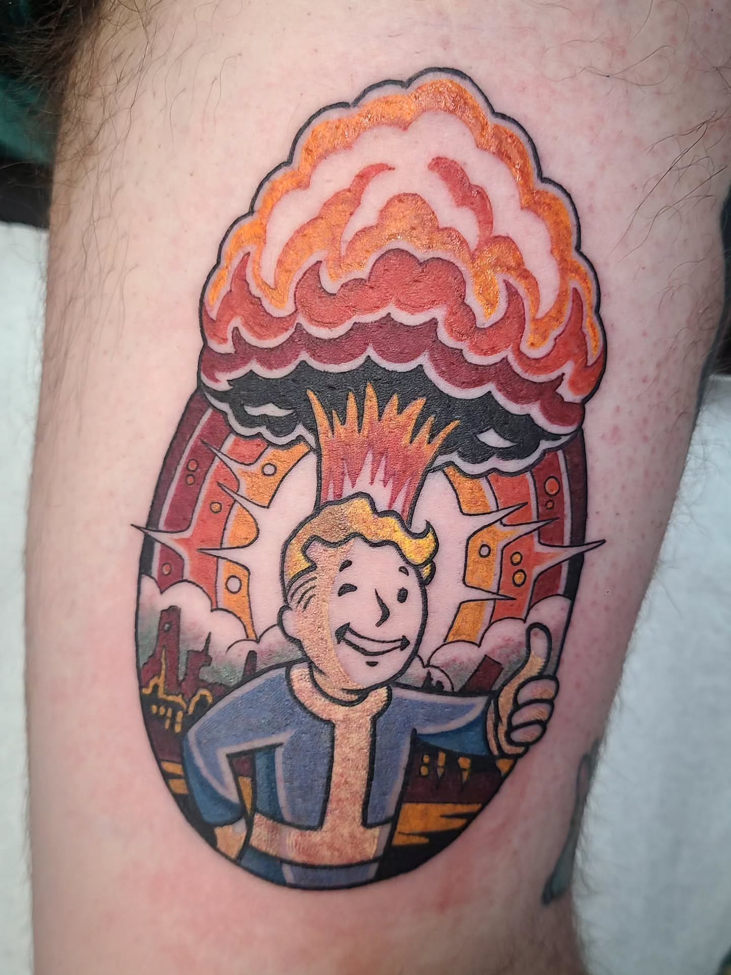 Vault Boy American traditional tattoo on the thigh by David Vodicka