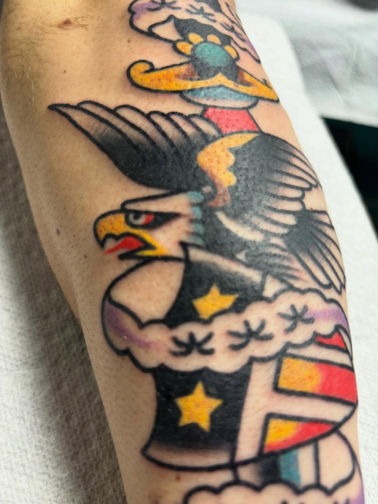 Eagle and shield American traditional tattoo on the forearm by 🌹