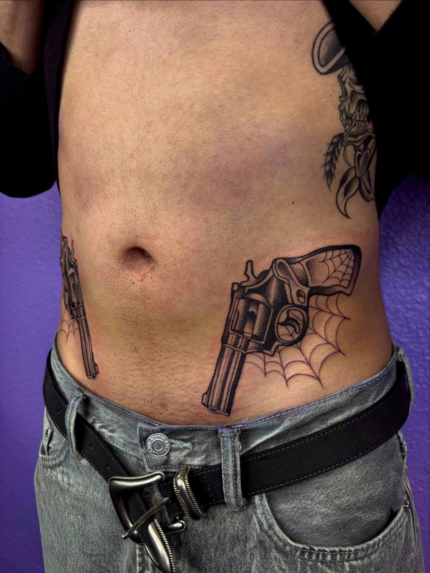 Revolver and spiderweb black and grey tattoo on the torso by ✩ Tattoo ✩, Las Vegas, Nevada