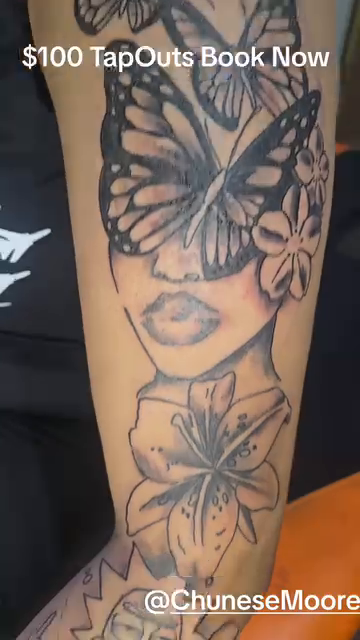 Portrait with butterflies and flowers fine line tattoo on the forearm by Trent Johnson
