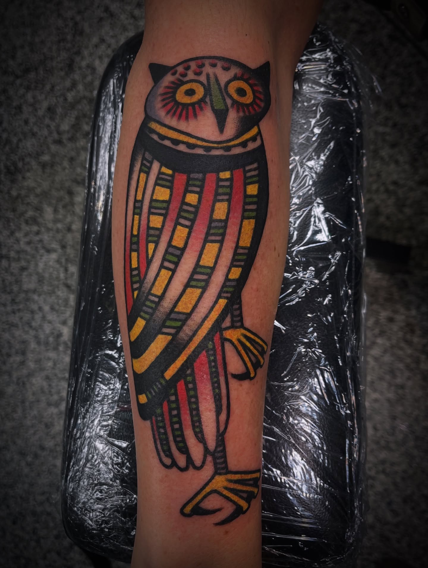 Owl American traditional tattoo on the forearm by Deya Aven, Nashville, Tennessee