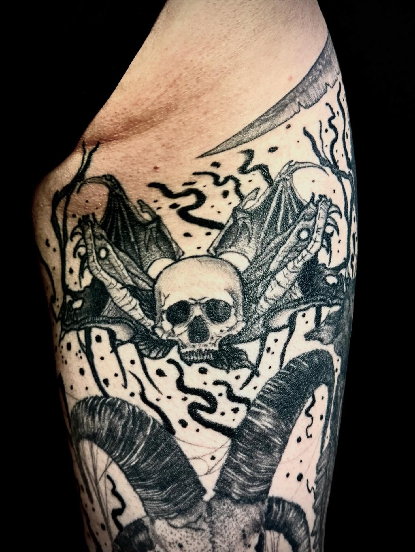 Tattoo by @kgoth_tattoo — black_and_grey, trash_polka