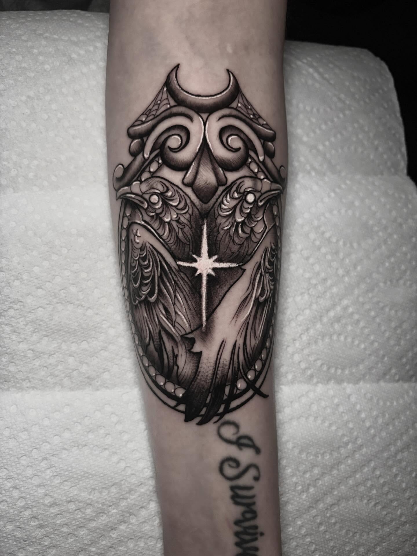 Owl and star geometric tattoo on the forearm by Ashley Denise