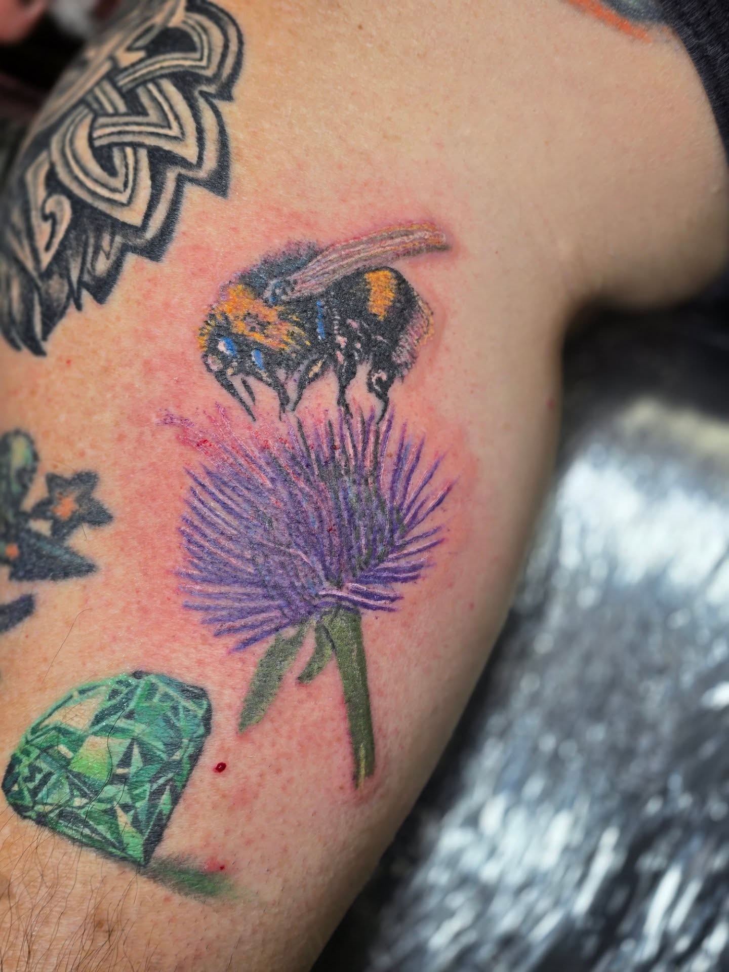 Bee and thistle realism tattoo on the shoulder by Karen Cain