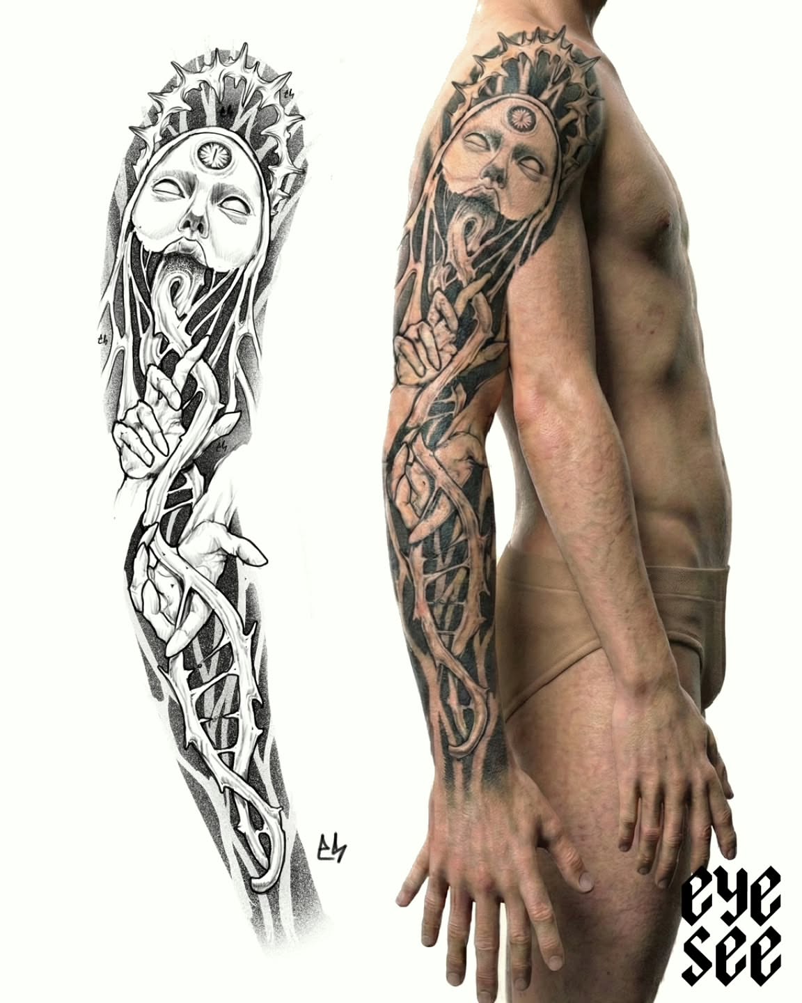 Man with sun-like face realism tattoo on the upper arm by EyeSee Tattoos