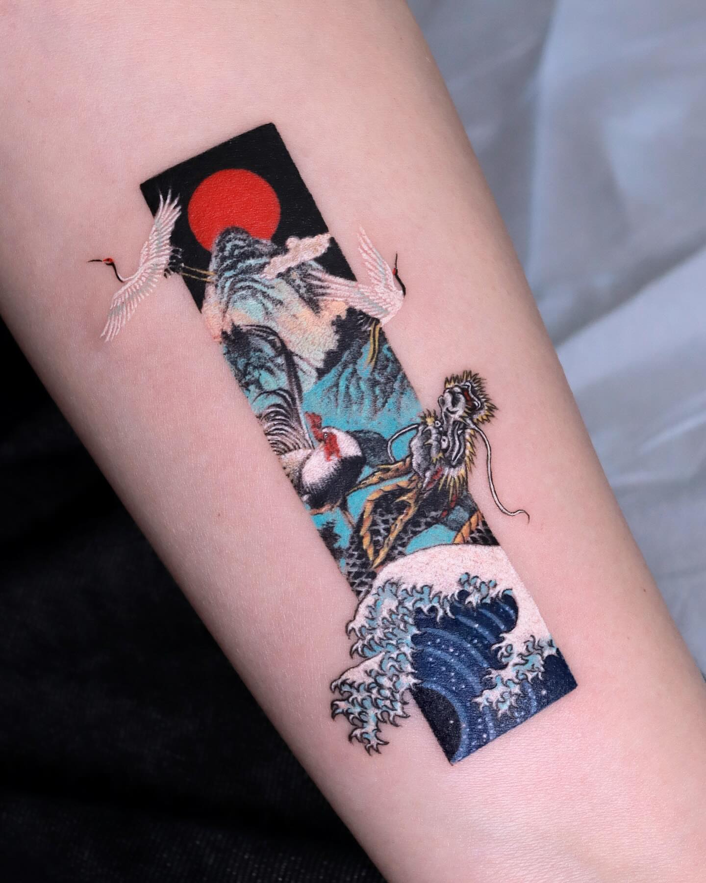 Wave and tiger japanese irezumi tattoo on the forearm by EQ