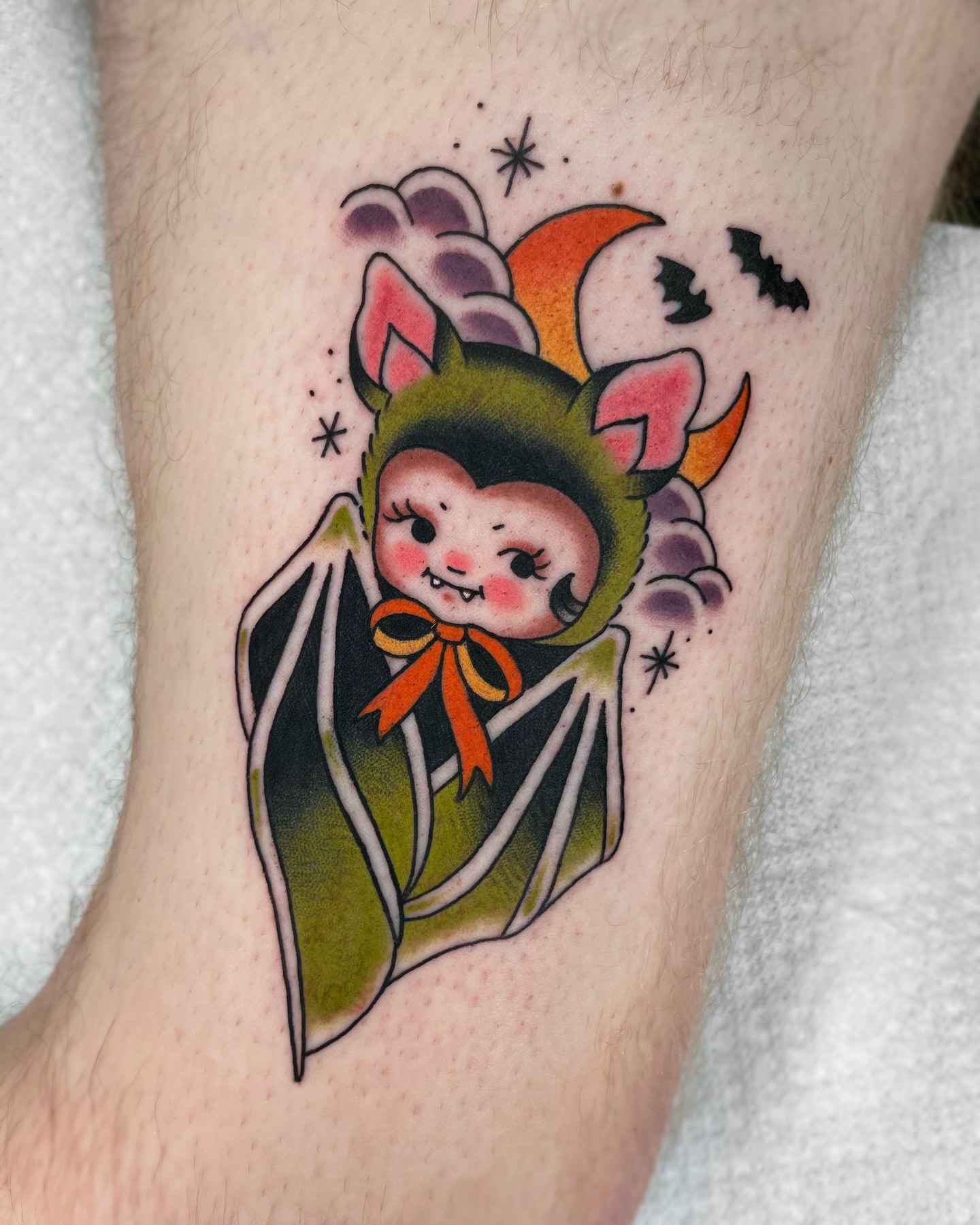 Bat girl American traditional tattoo on the forearm by 𝕬𝖓𝖆𝖇𝖊𝖑𝖑 𝕸𝖔𝖗𝖔