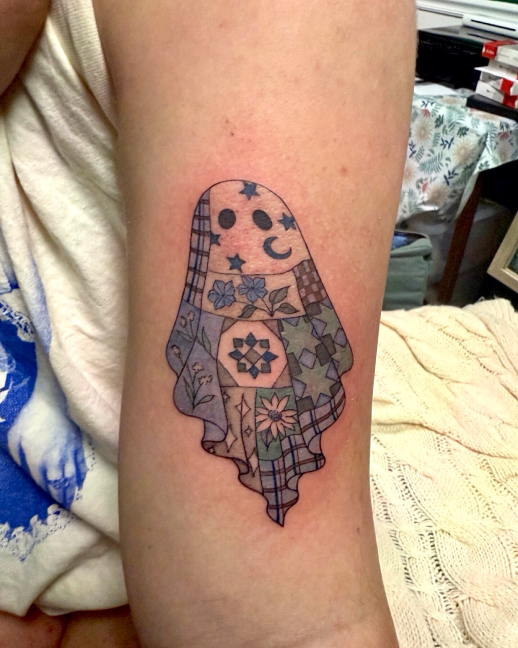 Patchwork ghost geometric tattoo on the forearm by Cortnie, Nashville, Tennessee
