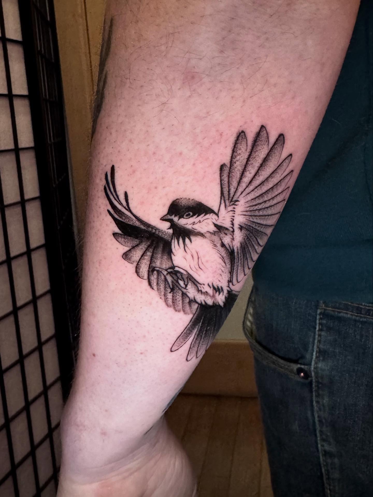 Bird black and grey tattoo on the forearm by Morgan Peeples