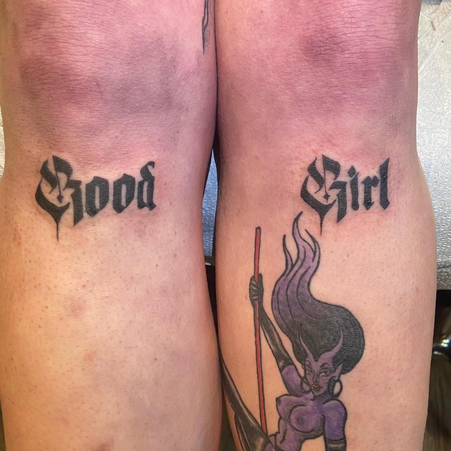 Good girl anime tattoo on the thigh by 🐆Cam Feral Tattoos