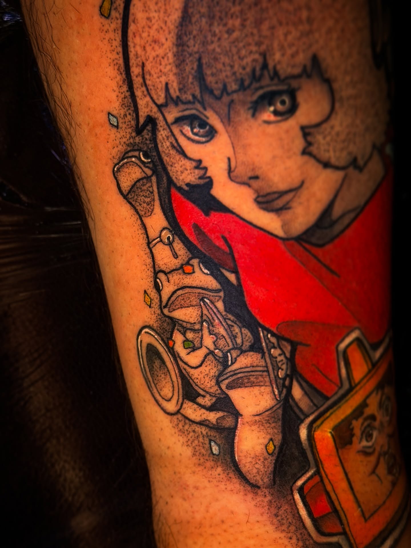 Anime character dotwork tattoo on the forearm by Aiden Madrigal