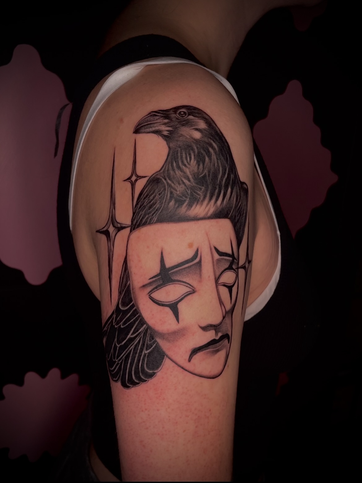 Crow and mask realism tattoo on the forearm by Eryn, Portland, Oregon