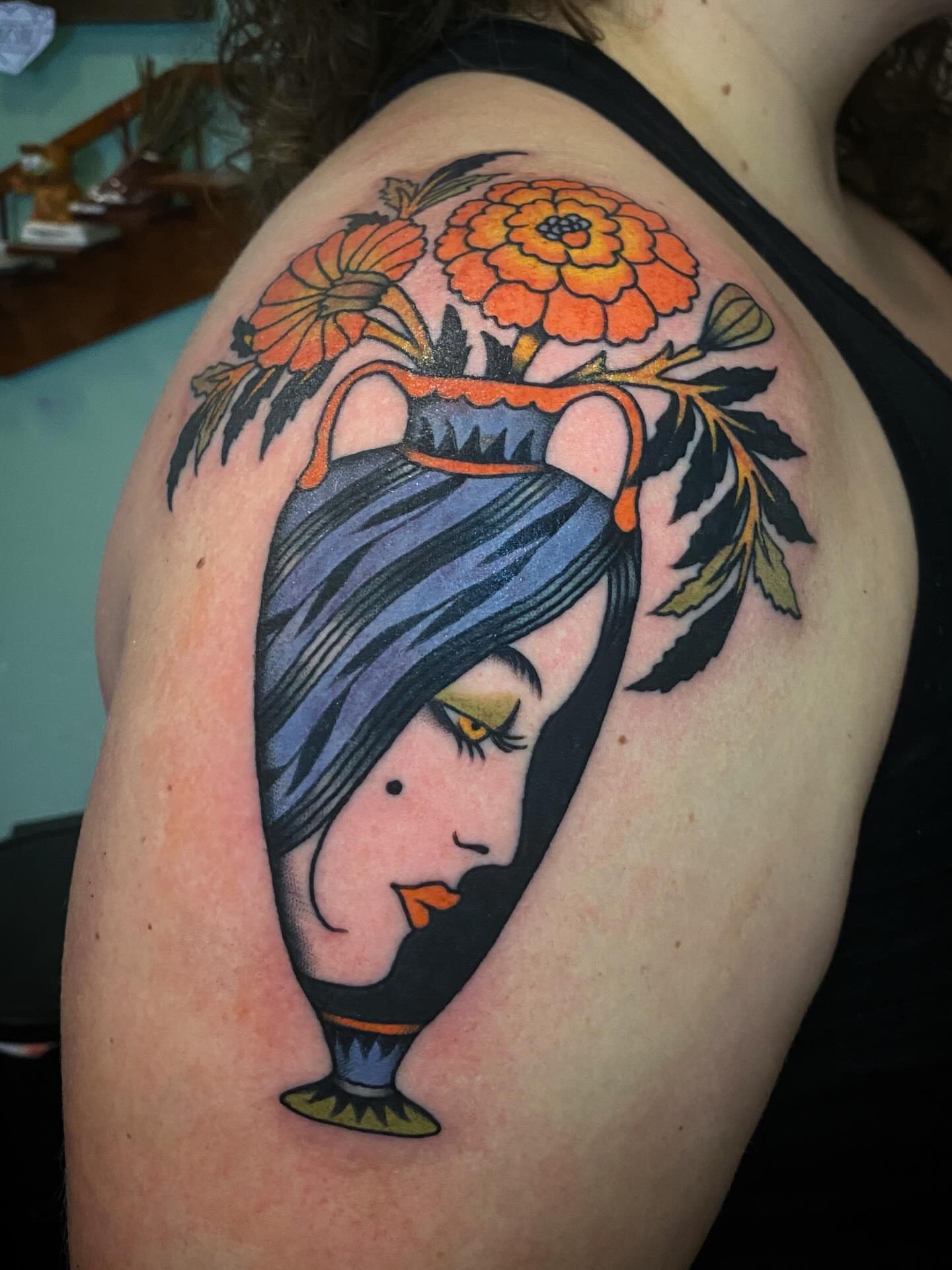 Geisha head American traditional tattoo on the shoulder by Jaclin Grace Hastings