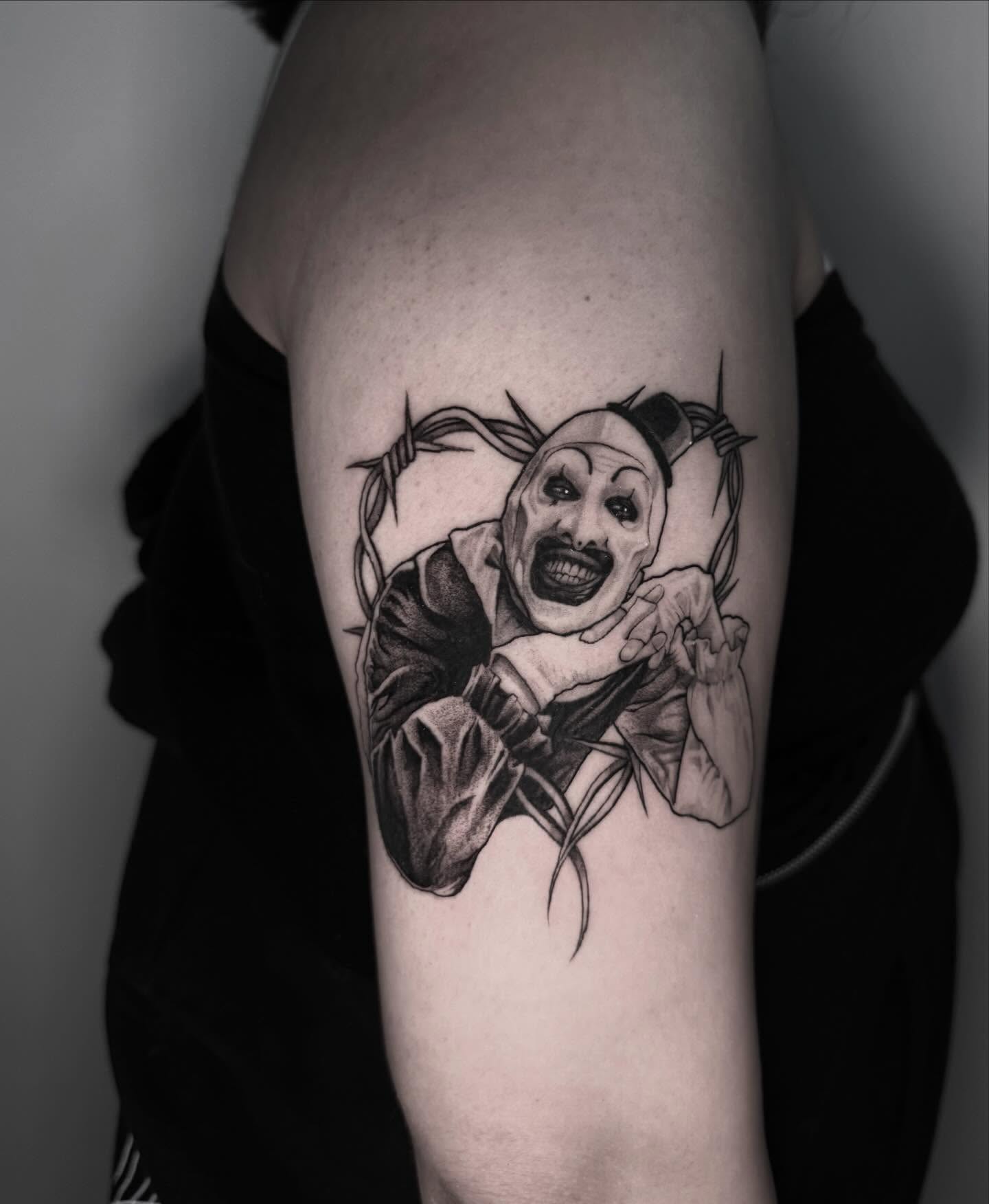 Clown realism tattoo on the forearm by ππππππ