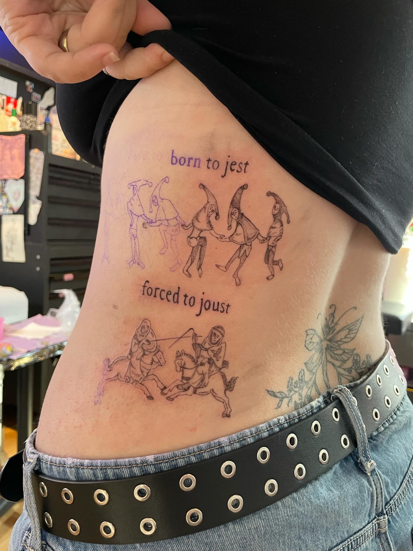 Jester and knights black and grey tattoo on the thigh by ‧₊˚ ☁️⋅♡ ‧₊