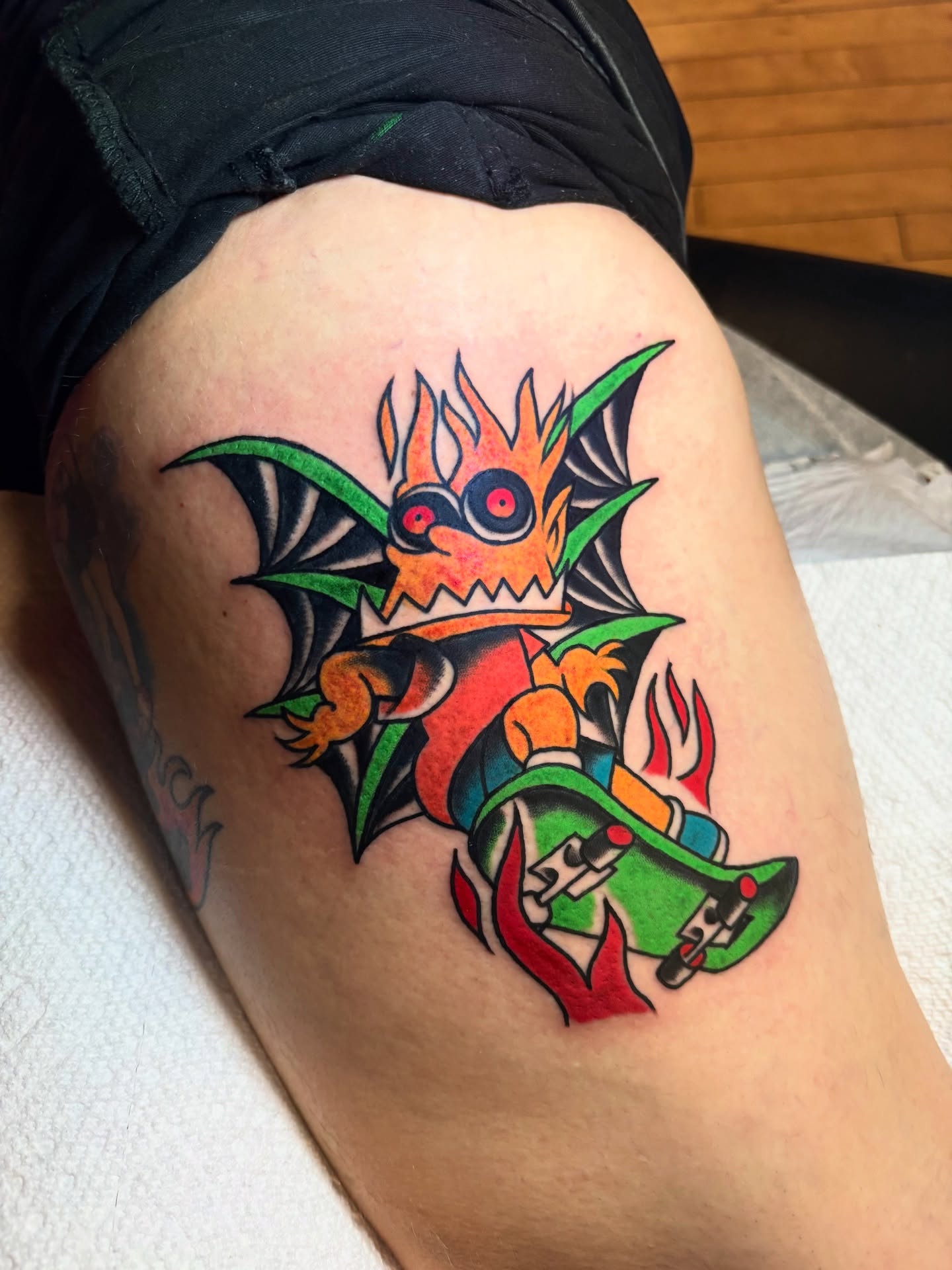 Bat demon American traditional tattoo on the thigh by Nick