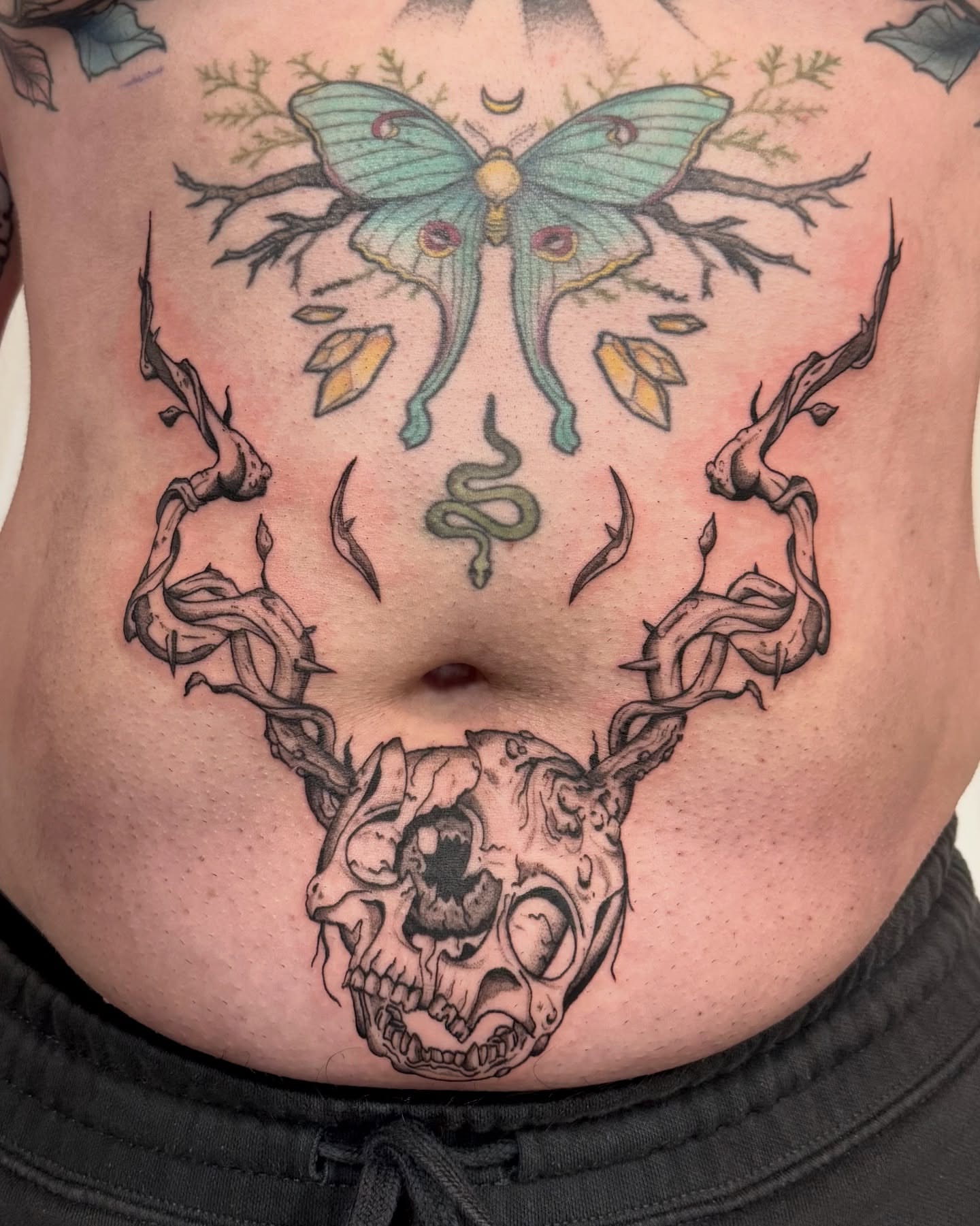 Skull and butterfly dark realism tattoo on the torso by jake.inks