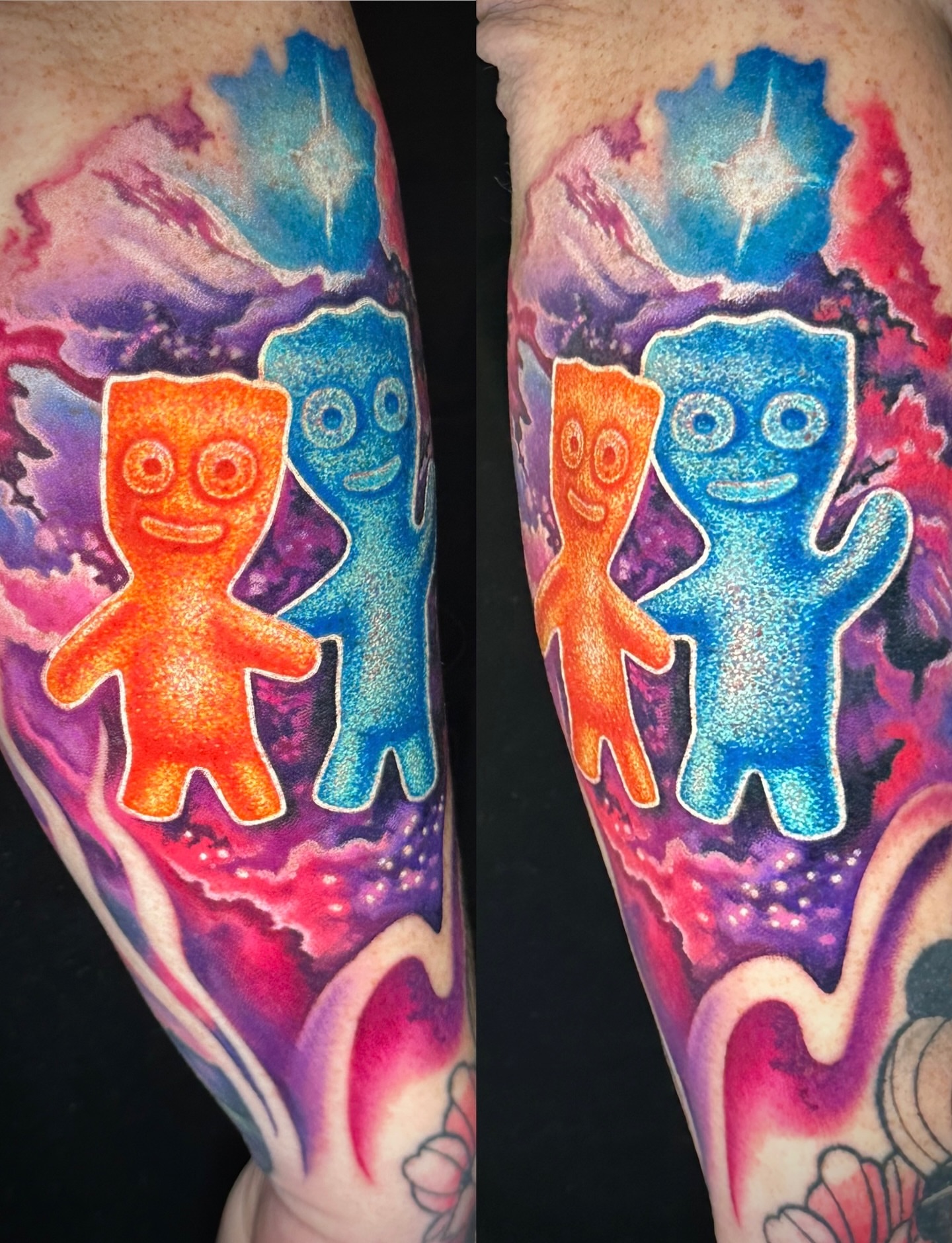 Gummy bears dotwork tattoo on the forearm by Chynna J El-Ayazra