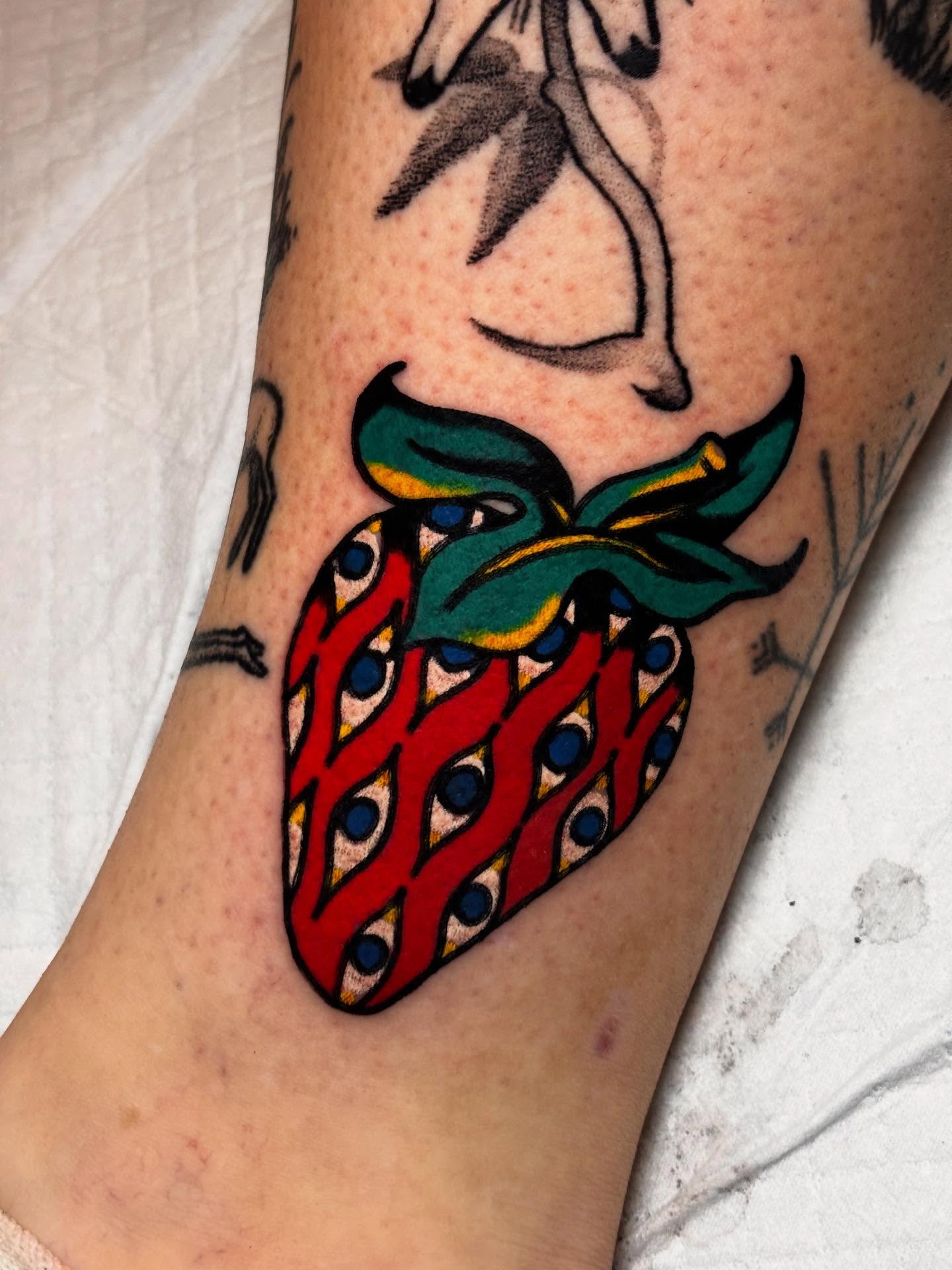 Strawberry dotwork tattoo on the forearm by ๐๐ซ๐ข๐ ๐๐ฅ๐ญ๐จ๐ง๐๐ง