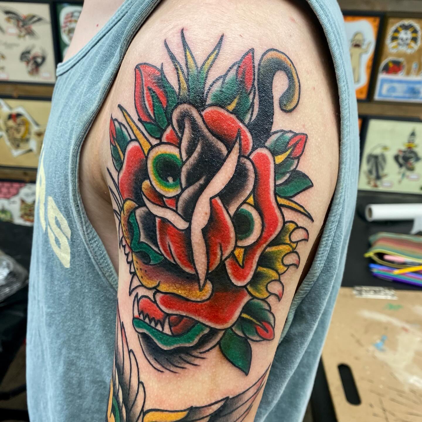 Dragon American traditional tattoo on the shoulder by Las Vegas Tattoo Artist