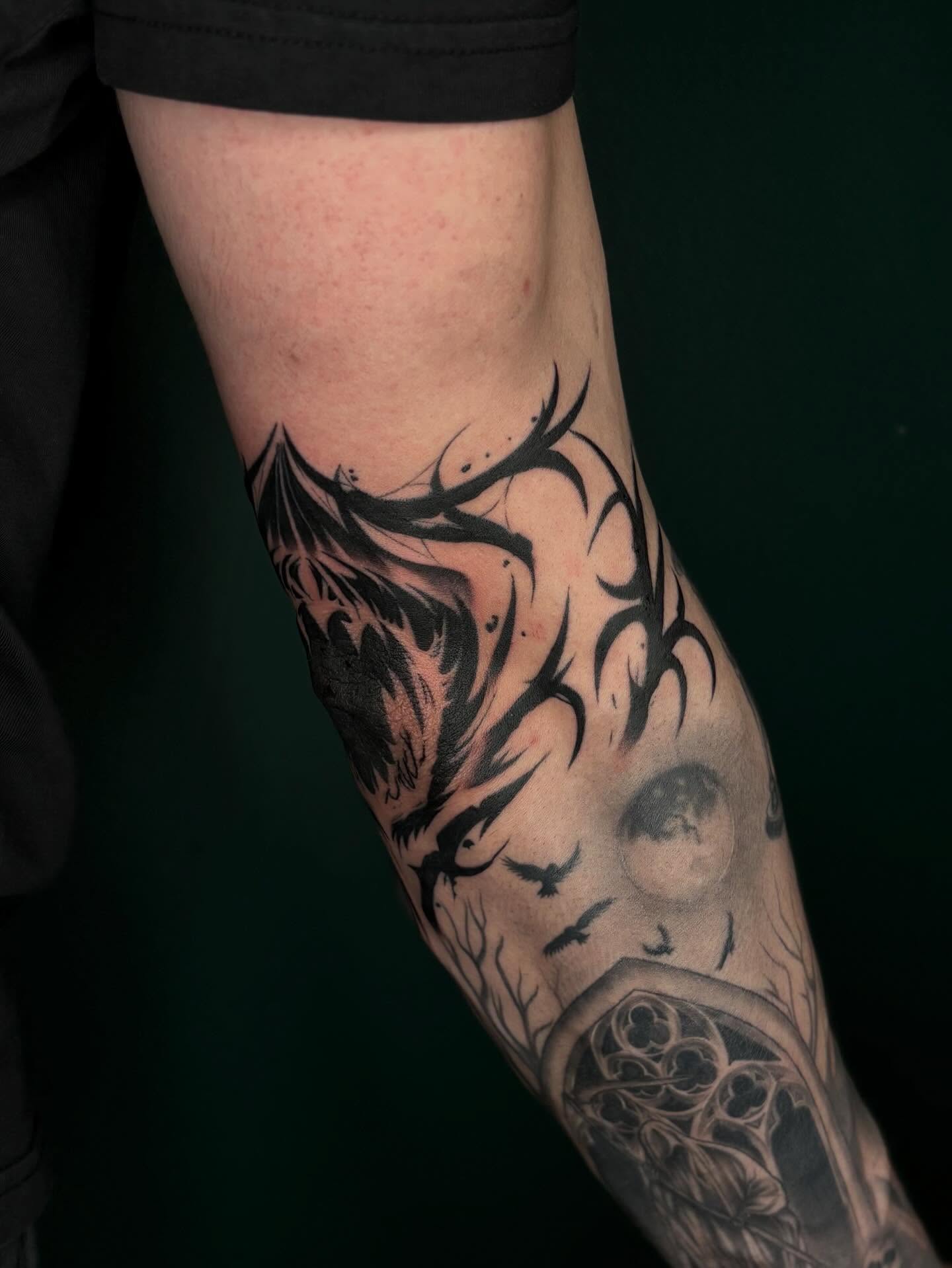 Skull and birds tribal tattoo on the forearm by ༺☆༻