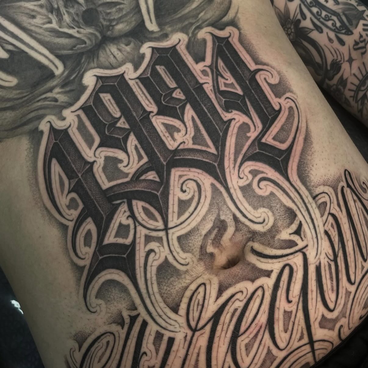 Script lettering lettering script tattoo on the thigh by Chicanocustomlettering