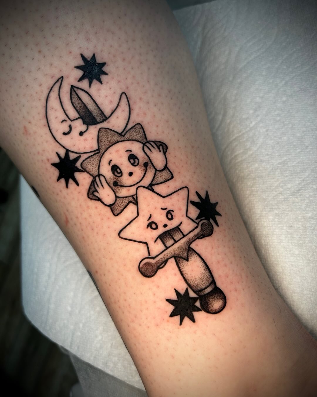 Kirby and Star dotwork tattoo on the forearm by ✶ 𝓑𝓲𝓽𝓮𝓼𝓲𝔃𝓮𝓭 𝓘𝓷𝓴 ✶, Buford, Georgia