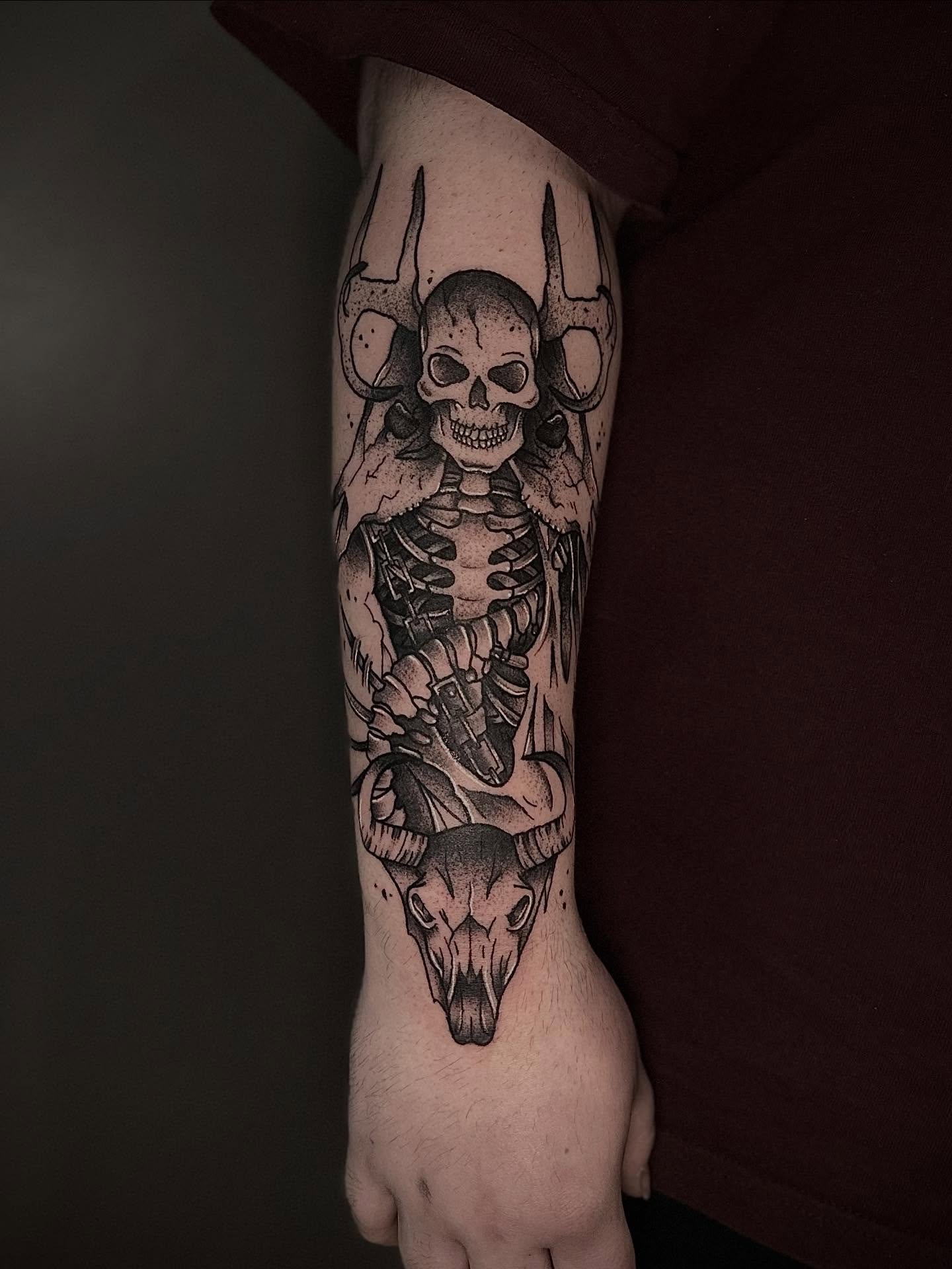 Skull and ram skull dotwork tattoo on the forearm by E L I Z A H B e T H H D e S I G N S