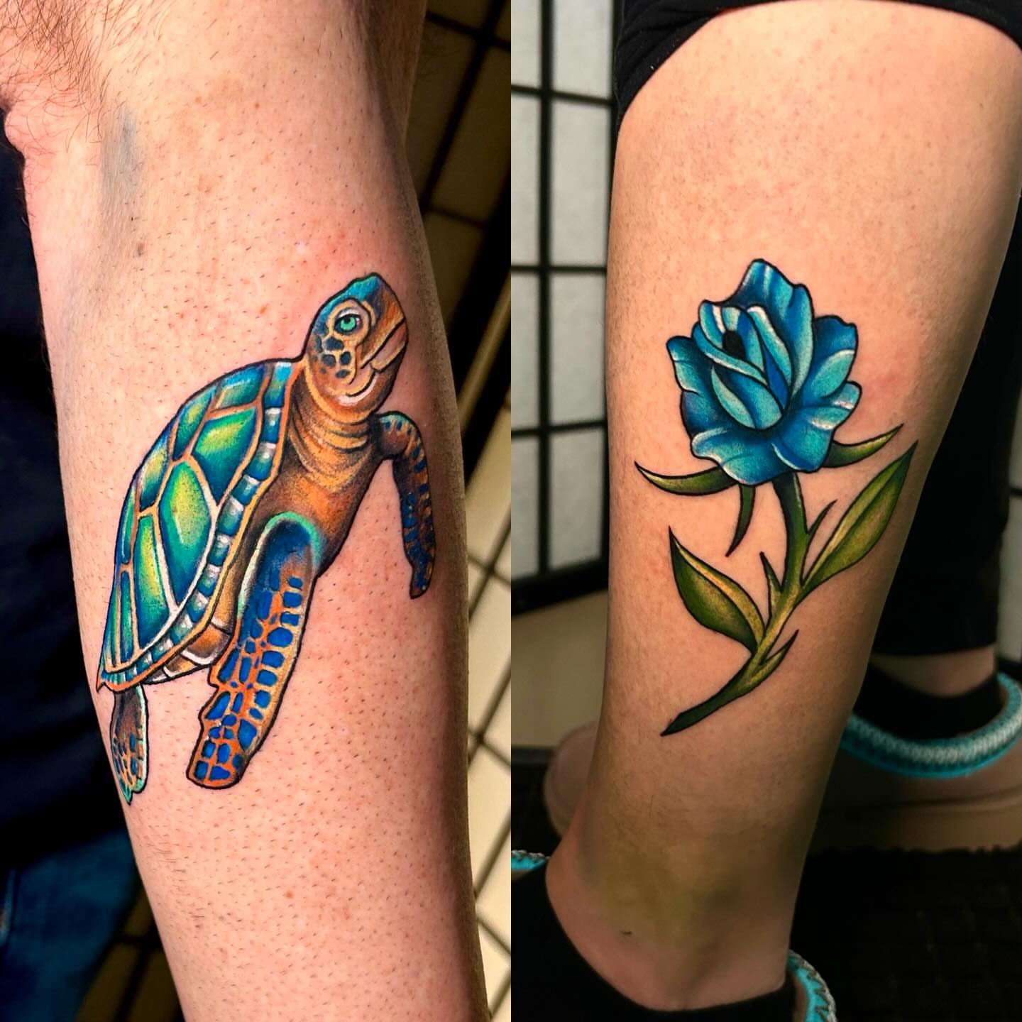 Turtle American traditional tattoo on the thigh by Haleigh Cunningham, Charlotte, North Carolina