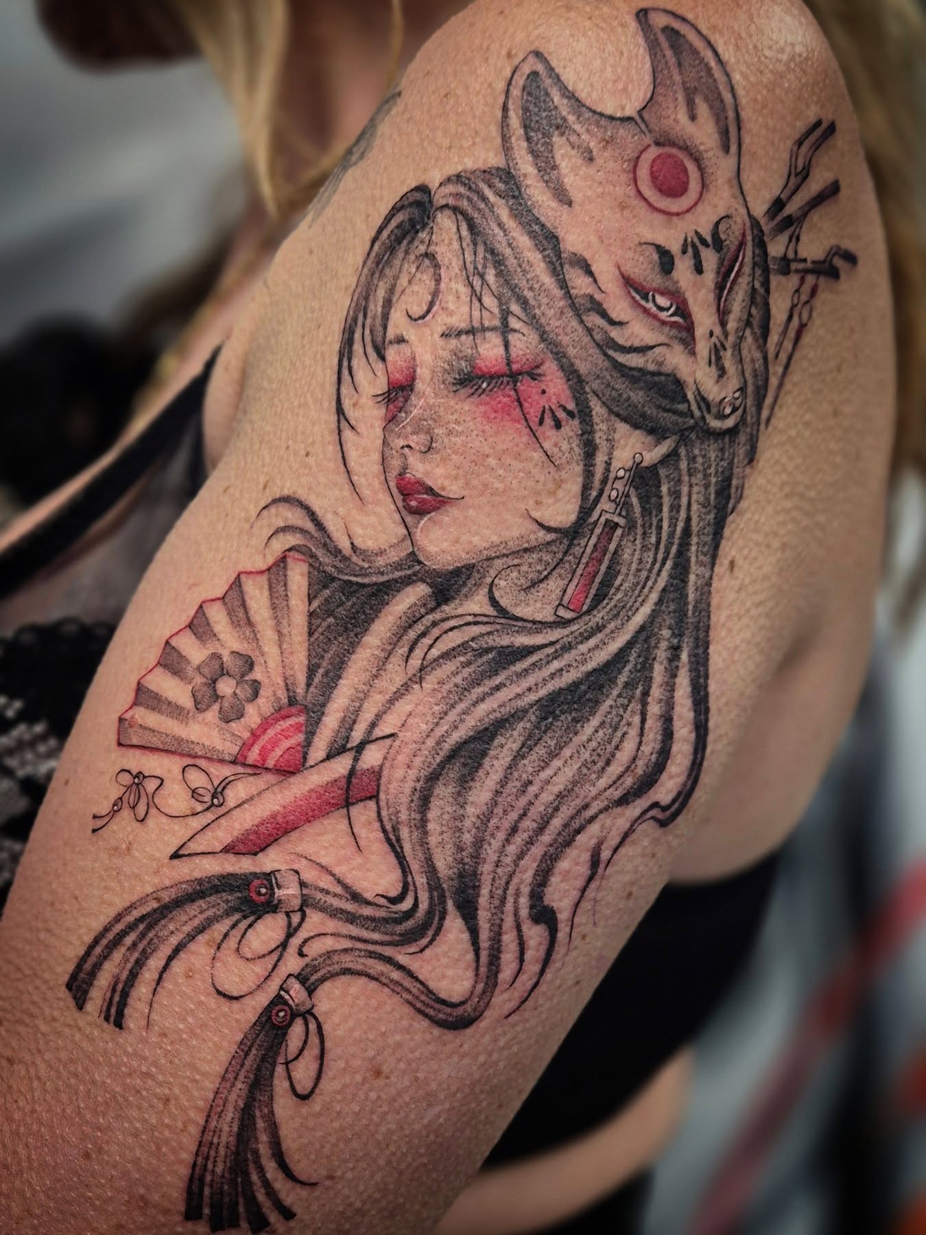 Woman with fox japanese irezumi tattoo on the shoulder by Тату Херсон _ Kherson tattoo, Kherson