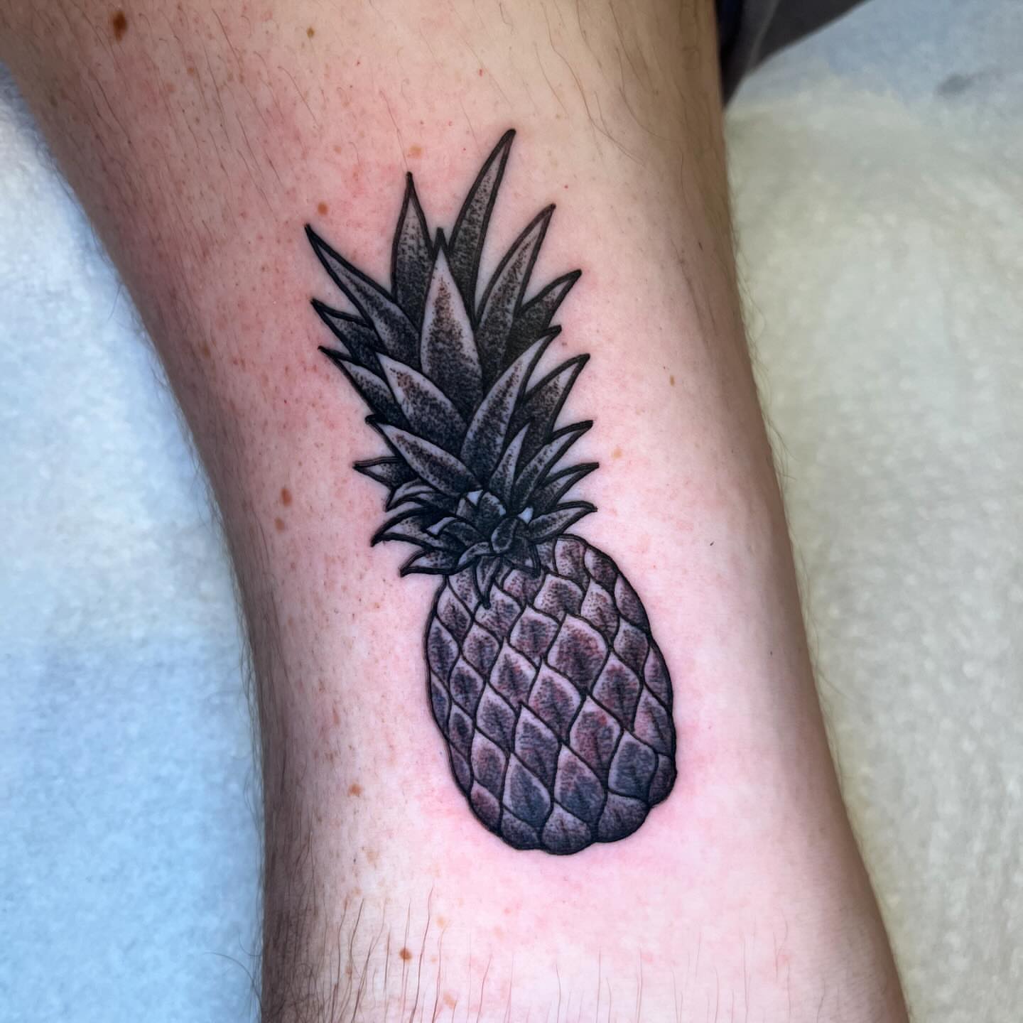 Pineapple black and grey tattoo on the forearm by CJ Ligocki - Ferndale Detroit Michigan Tattoo, Ferndale, Michigan