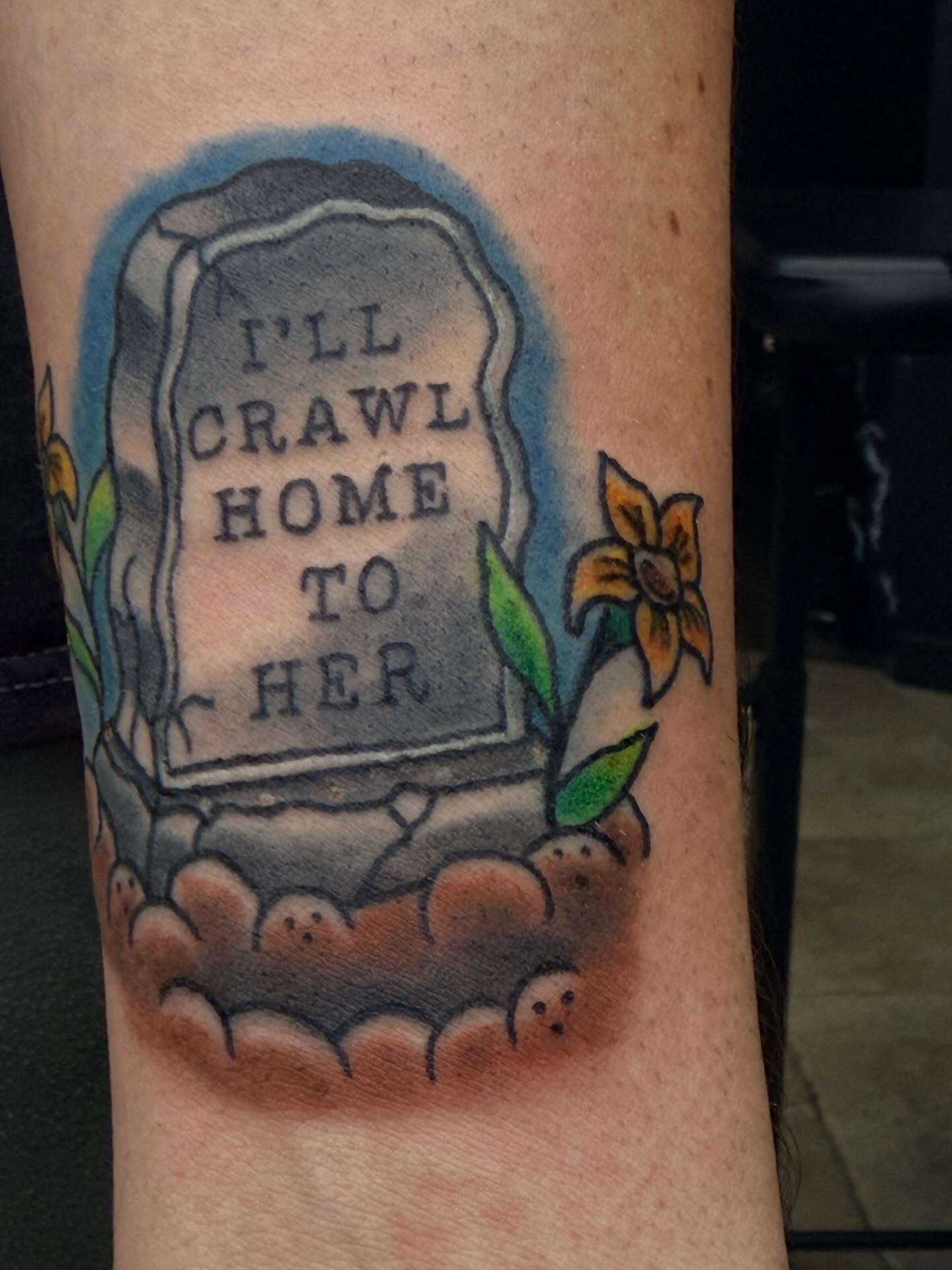 Graveyard scene American traditional tattoo on the forearm by Ellari