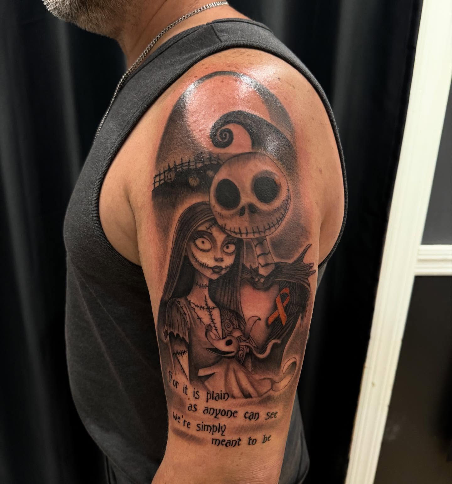 Jack and Sally dark realism tattoo on the shoulder by Ashley Hsiung *Panda*